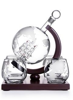 Generic Decanter Globe Set with 4 Glasses Reusable Stone Ice Cubes Wooden Stand Pouring Funnel 900 Ml (A)  - Image 2