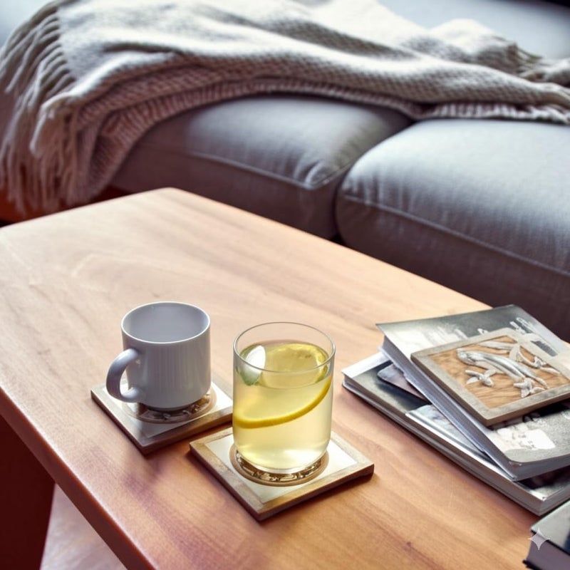 storeindya Store Indya Set of 4 Wood Coasters-Rustic Finish-Absorbent Eco-Friendly Protects Furniture from Water Stains & Damages (Design 5) - Image 2