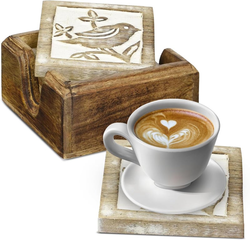 storeindya Store Indya Set of 4 Wood Coasters-Rustic Finish-Absorbent Eco-Friendly Protects Furniture from Water Stains & Damages (Design 5) - Image 1