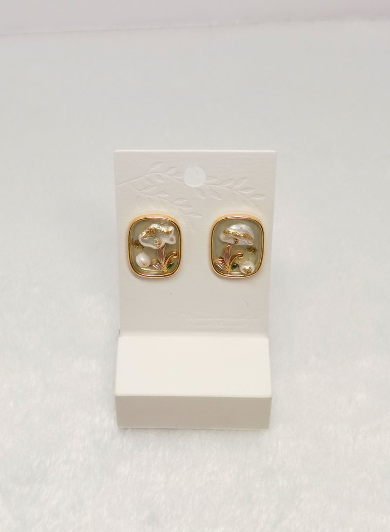 أقراط لؤلؤية مستطيلة مزينة باللؤلؤ أقراط زهور مصنوعة يدويًا أقراط أزياء فريدة من نوعها - Image 2