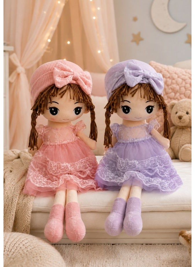 DAT Soft Plush Girl Doll with Lace Dress, Bow Headband & Braided Hair 70cm – Pink, Purple - Image 2