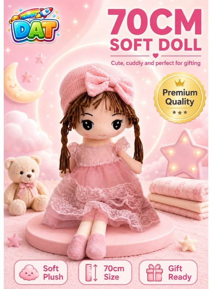 DAT Soft Plush Girl Doll with Lace Dress, Bow Headband & Braided Hair 70cm – Pink, Purple - Image 1