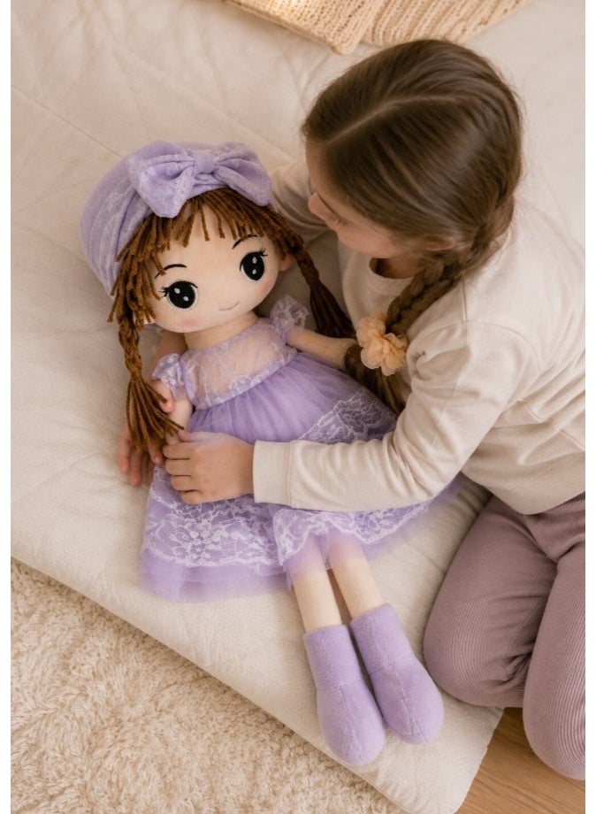 DAT Soft Plush Girl Doll with Lace Dress, Bow Headband & Braided Hair 70cm – Pink, Purple - Image 5