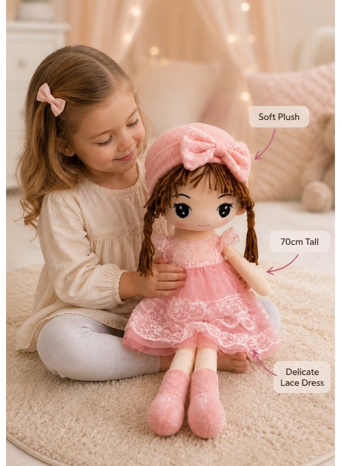 DAT Soft Plush Girl Doll with Lace Dress, Bow Headband & Braided Hair 70cm – Pink, Purple - Image 4