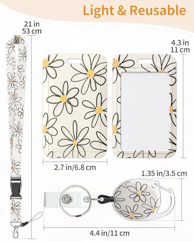 Uniclife Floral Sliding Badge Holder White Flower Plastic Case with Retractable Badge Reel Carabiner Clip & Detachable Lanyard Strap Fashionable Vertical Card Protector for Women Nurse Teacher Student - Image 4