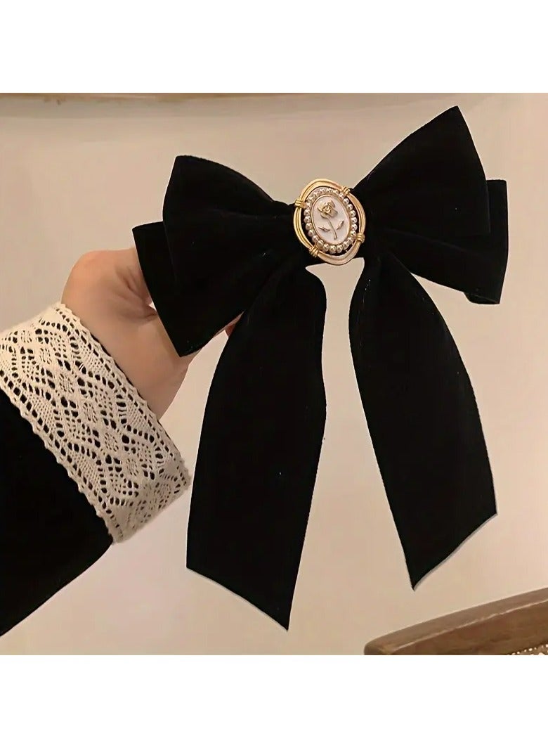 Goolsky 1pc Vintage Minimalist Black Velvet Bow Hair Clip with Rose Spring, Elegant Solid Color Fabric Bow Tie Barrette for Women, Casual Date Night Hair Accessory  - Image 1