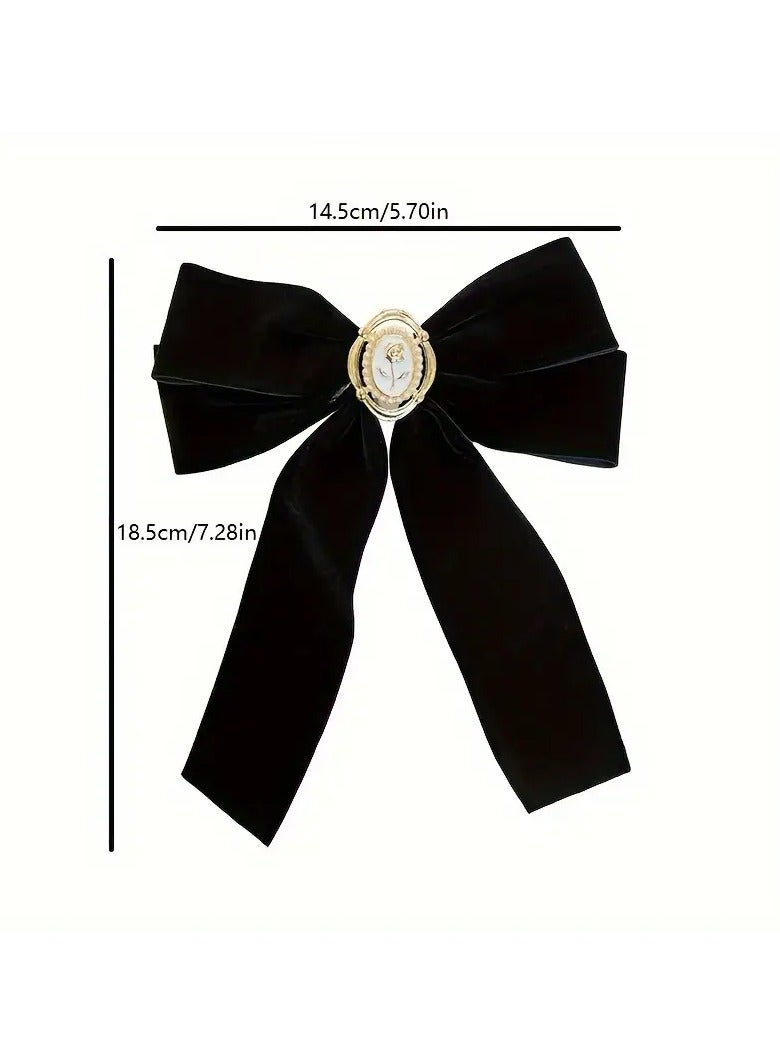 Goolsky 1pc Vintage Minimalist Black Velvet Bow Hair Clip with Rose Spring, Elegant Solid Color Fabric Bow Tie Barrette for Women, Casual Date Night Hair Accessory  - Image 3