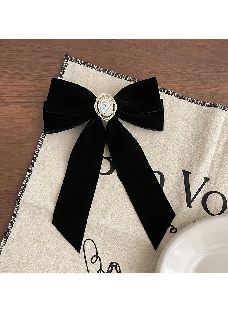 Goolsky 1pc Vintage Minimalist Black Velvet Bow Hair Clip with Rose Spring, Elegant Solid Color Fabric Bow Tie Barrette for Women, Casual Date Night Hair Accessory  - Image 4