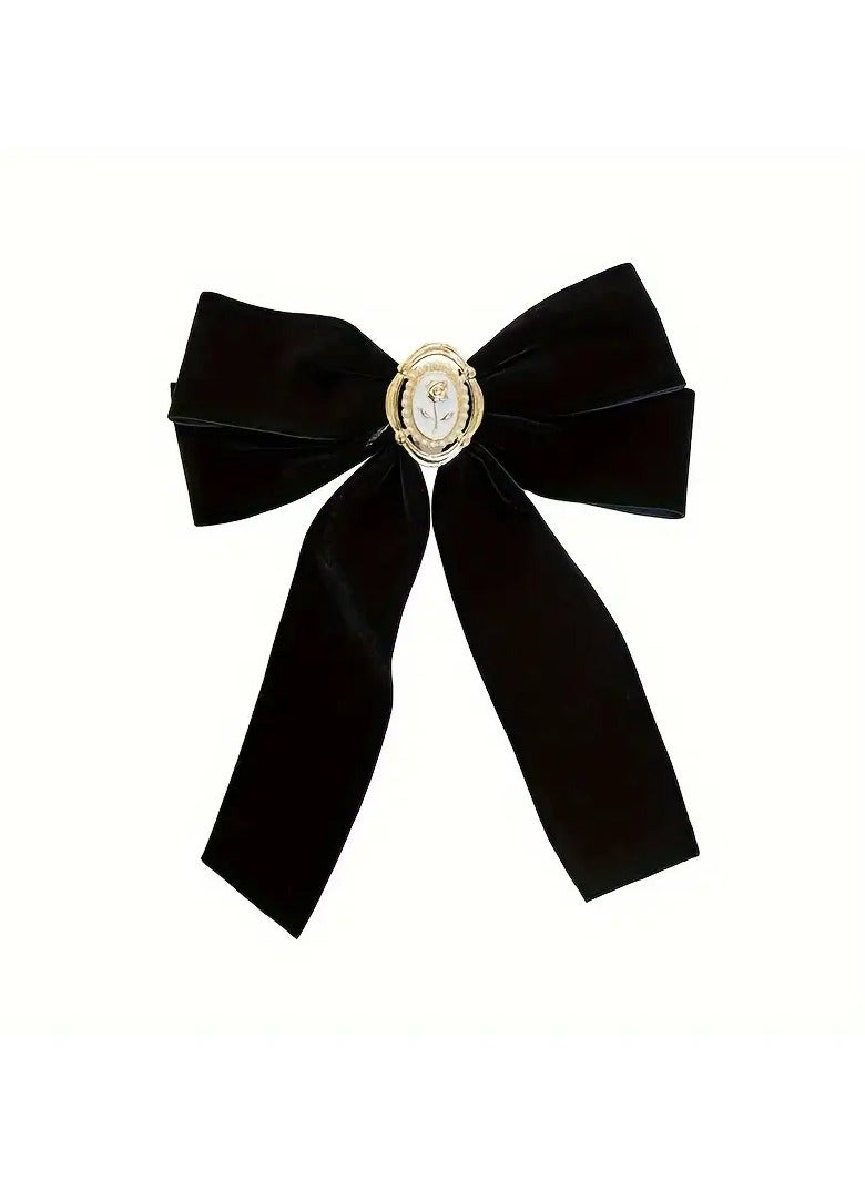 Goolsky 1pc Vintage Minimalist Black Velvet Bow Hair Clip with Rose Spring, Elegant Solid Color Fabric Bow Tie Barrette for Women, Casual Date Night Hair Accessory  - Image 5
