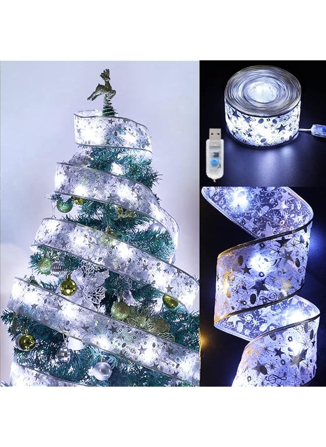 erorex Tree Decorations String Lights 32Ft 100 Led Lights Copper Wire Ribbon Bows Lights For Party Weddings Holiday Tree Decorations Width 5Cm Silvery Cold Light  - Image 1