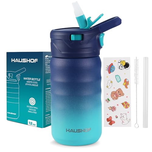HAUSHOF Kids Water Bottle 12 oz BPA-free with Straw and Stickers, Stainless Steel Vacuum Double Wall Insulated cup with Leak Proof for school, Gift, Boys (Blue and Green) - Image 1