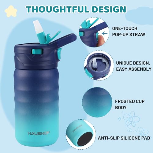 HAUSHOF Kids Water Bottle 12 oz BPA-free with Straw and Stickers, Stainless Steel Vacuum Double Wall Insulated cup with Leak Proof for school, Gift, Boys (Blue and Green) - Image 3