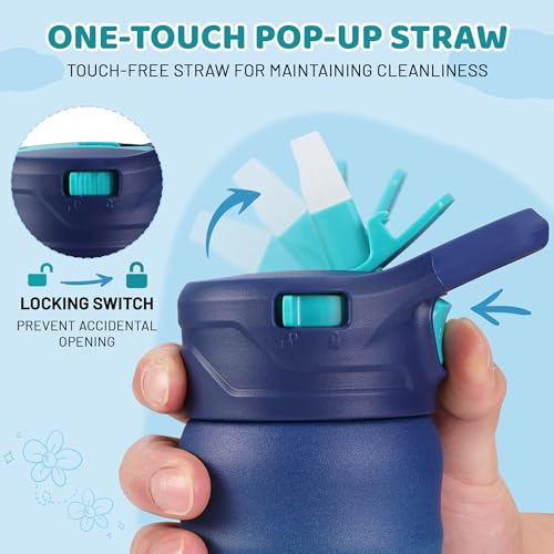 HAUSHOF Kids Water Bottle 12 oz BPA-free with Straw and Stickers, Stainless Steel Vacuum Double Wall Insulated cup with Leak Proof for school, Gift, Boys (Blue and Green) - Image 2