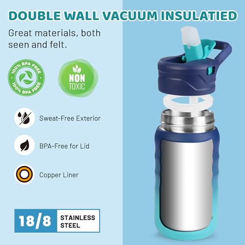 HAUSHOF Kids Water Bottle 12 oz BPA-free with Straw and Stickers, Stainless Steel Vacuum Double Wall Insulated cup with Leak Proof for school, Gift, Boys (Blue and Green) - Image 4