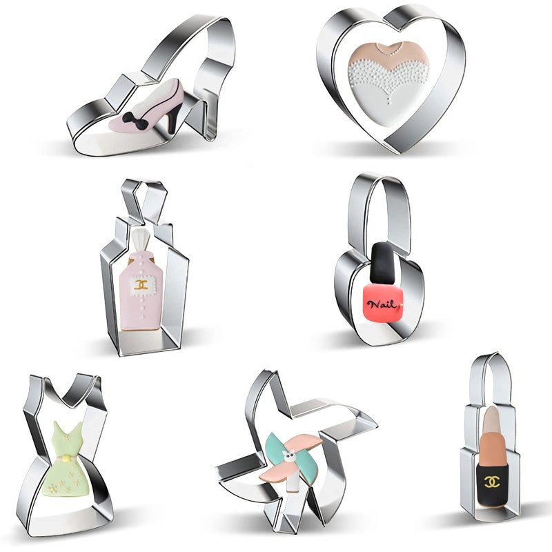 Makeup Dress Up Cookie Cutters Shapes Set of 7 High Heel Heart Perfume Nail Polish Dresses Windmill Lipstick Shaped Women Girl Ladies Princess Fashion Cookie Cutter for Birthday Valentine Day
