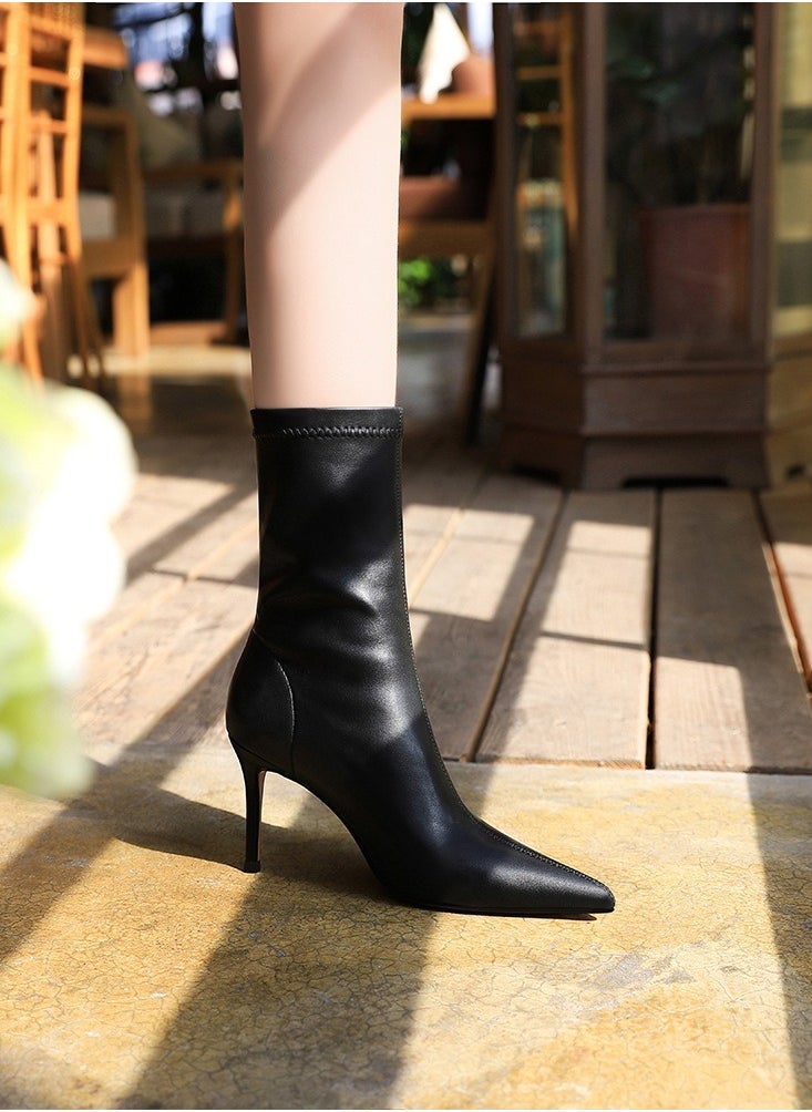 BIGTREE Fashion Simple Slim Heel High Heel Elastic Lycra Pointed Ankle Boots Black  - Image 1