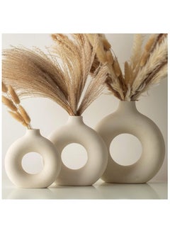 Generic Beige Ceramic Vases for Home Decor Set of 3 -Modern Donut Vase Circle Round for Pampas Grass Artificial Flowers, Boho Decor Living Room Table Centerpieces Dining Bedroom Shelf Farmhouse Decorations  - Image 1