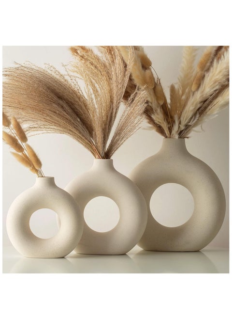Beige Ceramic Vases for Home Decor Set of 3 -Modern Donut Vase Circle Round for Pampas Grass Artificial Flowers, Boho Decor Living Room Table Centerpieces Dining Bedroom Shelf Farmhouse Decorations