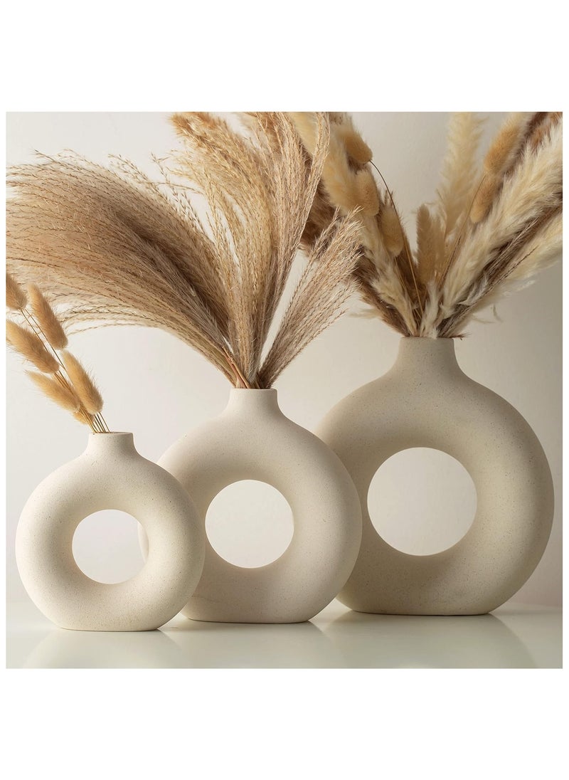 Generic Beige Ceramic Vases for Home Decor Set of 3 -Modern Donut Vase Circle Round for Pampas Grass Artificial Flowers, Boho Decor Living Room Table Centerpieces Dining Bedroom Shelf Farmhouse Decorations  - Image 1