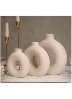 Generic Beige Ceramic Vases for Home Decor Set of 3 -Modern Donut Vase Circle Round for Pampas Grass Artificial Flowers, Boho Decor Living Room Table Centerpieces Dining Bedroom Shelf Farmhouse Decorations  - Image 2
