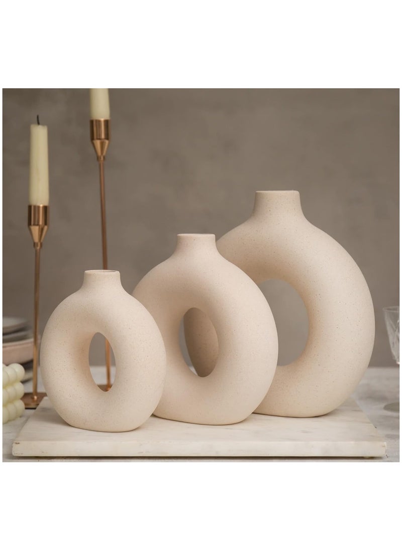 Generic Beige Ceramic Vases for Home Decor Set of 3 -Modern Donut Vase Circle Round for Pampas Grass Artificial Flowers, Boho Decor Living Room Table Centerpieces Dining Bedroom Shelf Farmhouse Decorations  - Image 2