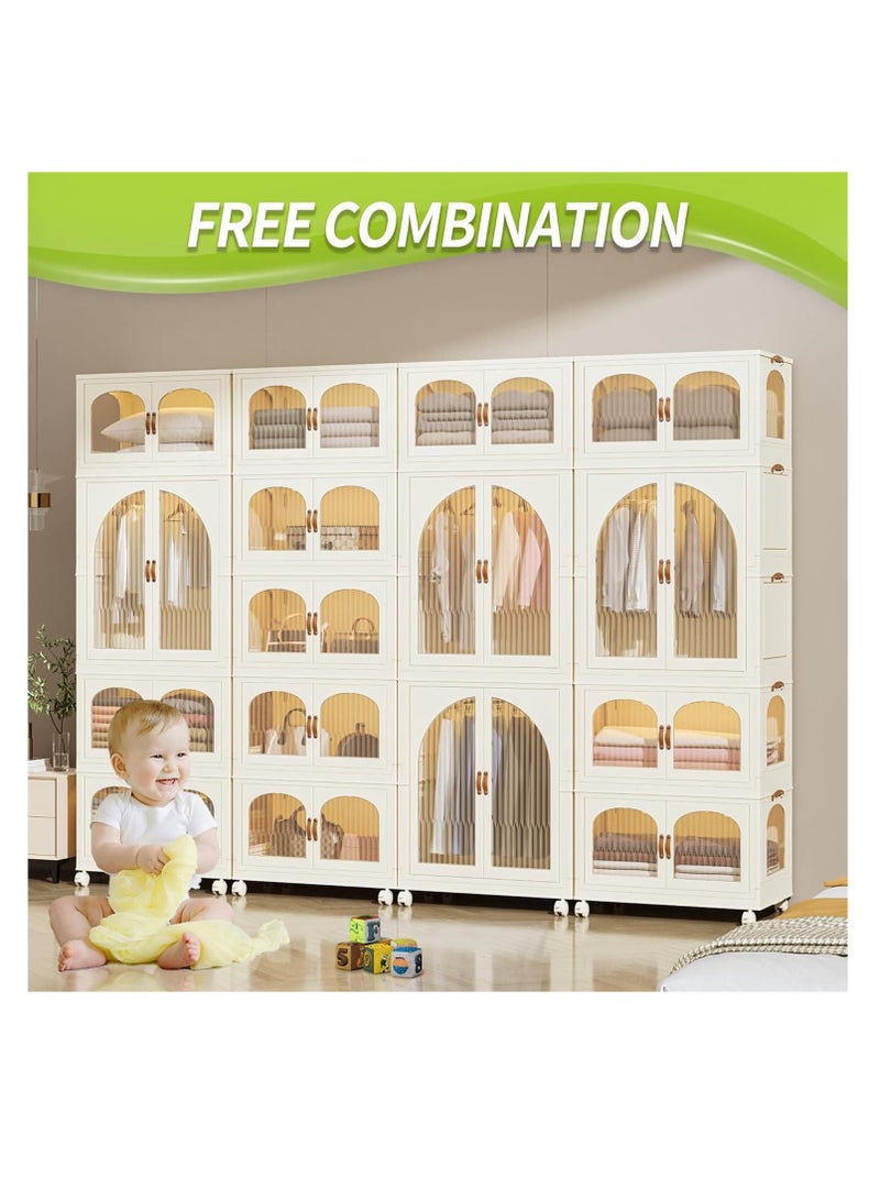 Foldable Storage Bins Stackable Storage Box Organizer Plastic Folding Stoarge Wardrobe Cabinet with Doors and Wheels for Home Bedroom Dormitory Baby Clothes Snacks Toys Books (55x32.5x96.5cm, Beige)  - Image 3