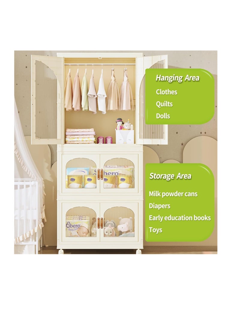 Foldable Storage Bins Stackable Storage Box Organizer Plastic Folding Stoarge Wardrobe Cabinet with Doors and Wheels for Home Bedroom Dormitory Baby Clothes Snacks Toys Books (55x32.5x96.5cm, Beige)  - Image 4