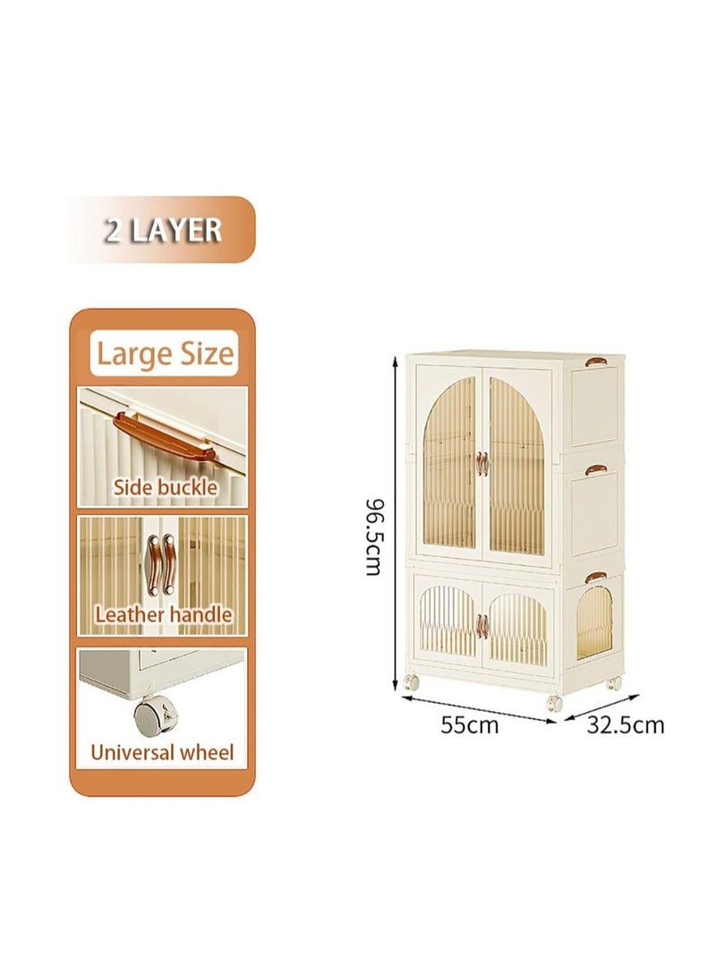 Foldable Storage Bins Stackable Storage Box Organizer Plastic Folding Stoarge Wardrobe Cabinet with Doors and Wheels for Home Bedroom Dormitory Baby Clothes Snacks Toys Books (55x32.5x96.5cm, Beige)  - Image 2
