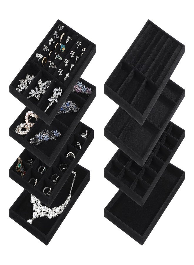 wutfuooo 8 Pack 4 Styles Velvet Jewelry Tray, 8" x 5" Jewelry Organizer Tray Stackable Jewelry Storage Tray, Drawer Jewelry Tray for Rings, Earrings, Necklace, Bracelet, Black - Image 1