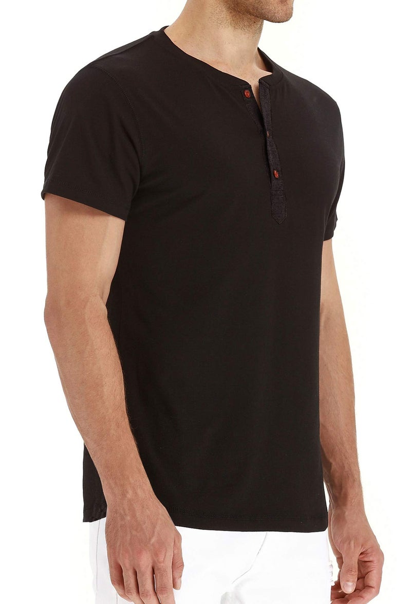 PEGENO Men's Casual Slim Fit Short Sleeve Henley T-Shirts Cotton Shirts Black-US XL - Image 2