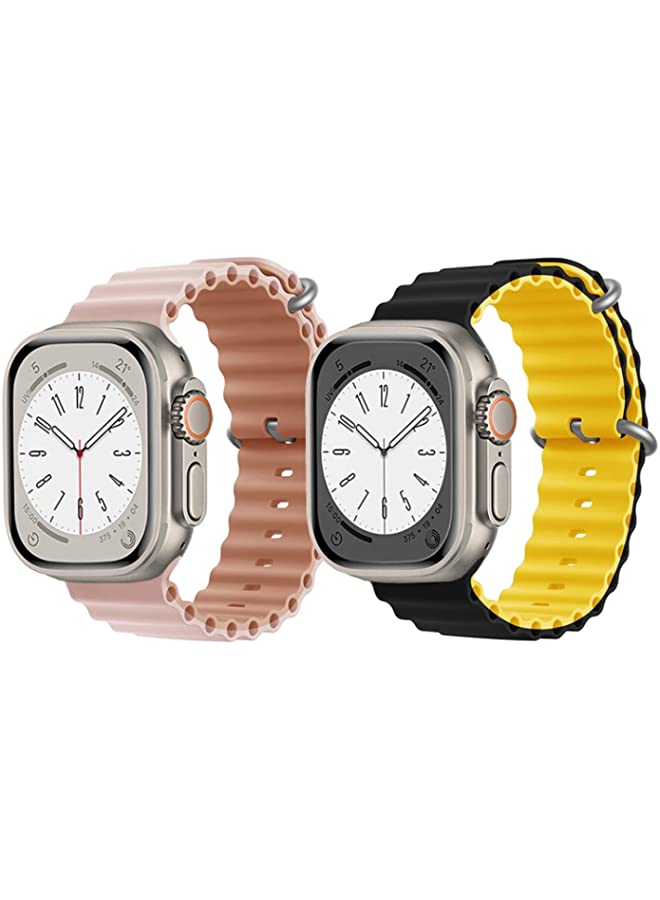 IAF Silicone Ocean Band Strap for Apple Watch Ultra 8 49mm Pink/Beige Double Side Strap with Black/Yellow Double Side Strap Set of 2