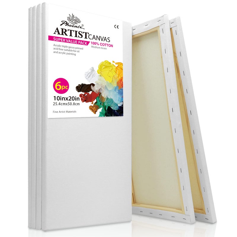 PHOENIX Long Stretched Canvas for Painting 10x20 Inch/6 Value Pack, 8 Oz Triple Primed 5/8 Inch Profile 100% Cotton White Blank Canvas, Rectangular Framed Canvas for Oil Acrylic & Pouring Art - Image 1