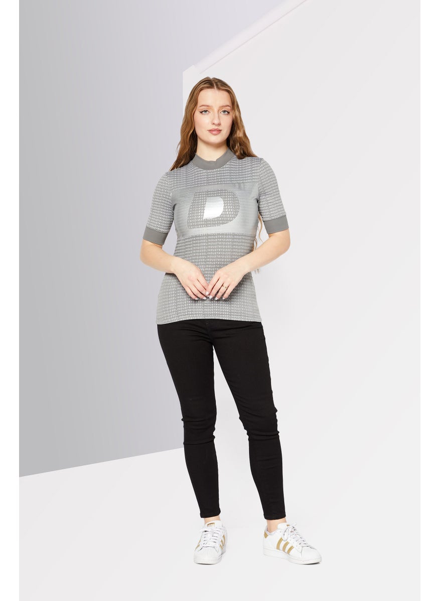 DIESEL - Women Mock Neck Short Sleeve Brand Logo Shirt, Grey - Image 1