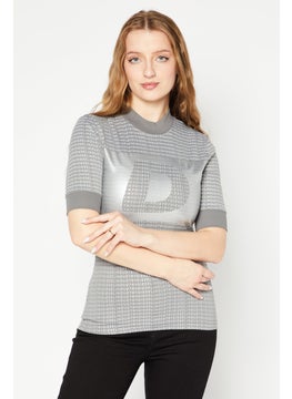 Women Mock Neck Short Sleeve Brand Logo Shirt, Grey