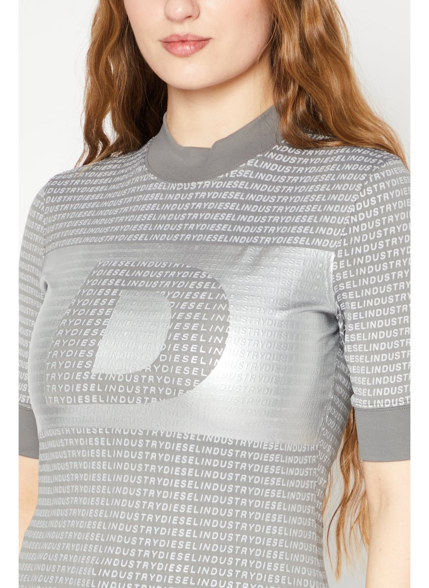 DIESEL - Women Mock Neck Short Sleeve Brand Logo Shirt, Grey - Image 1