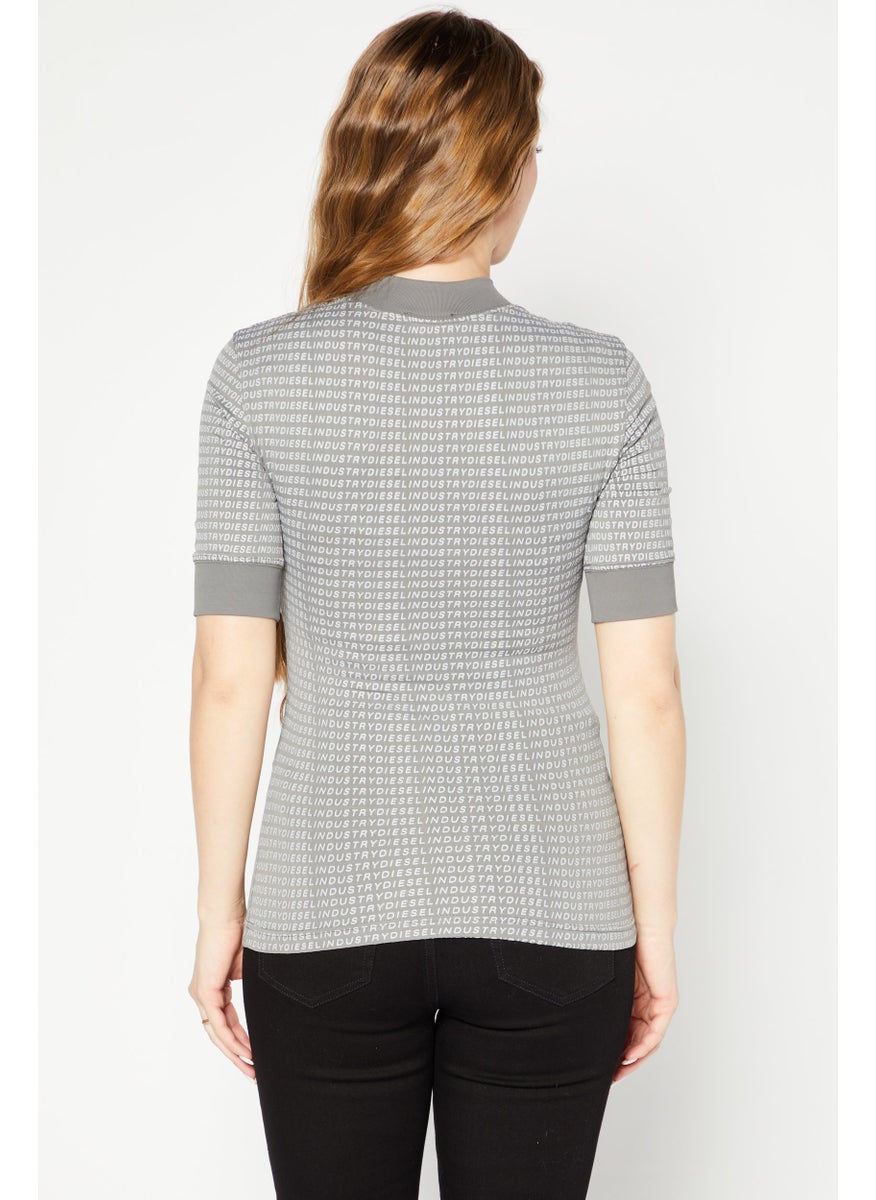 DIESEL - Women Mock Neck Short Sleeve Brand Logo Shirt, Grey - Image 1