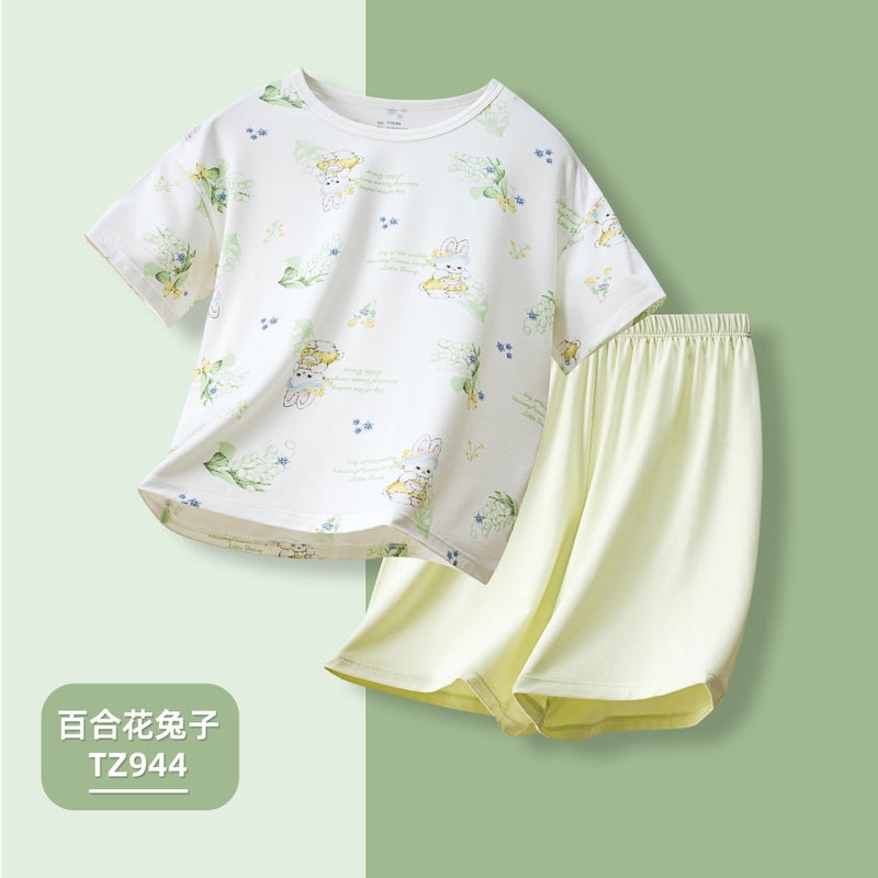 Childrens Pajamas Summer New Korean Style Girls Short-sleeved suit Class A Bacteriostatic Thin Ice Silk Childrens Home Clothes H1353/Lilies Rabbit TZ944 