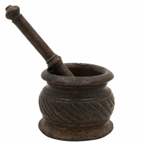 Bhunes Brass Mortar And Pestle Traditional Okhal Aur Moosal Okhli Khalbatta Spice Grinder Ayurvedic Herbal Grinding Tool Kitchen Masala Crusher Pooja Ritual, Brown 2 Inch 1 Piece - Image 2