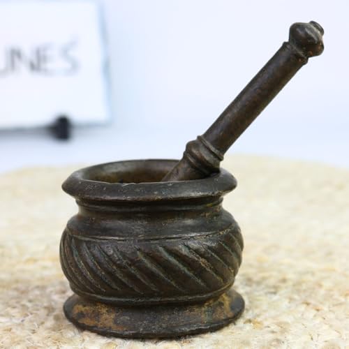 Bhunes Brass Mortar And Pestle Traditional Okhal Aur Moosal Okhli Khalbatta Spice Grinder Ayurvedic Herbal Grinding Tool Kitchen Masala Crusher Pooja Ritual, Brown 2 Inch 1 Piece - Image 1