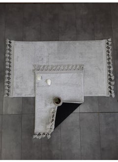 Elite Gray Pompom Fringed Plush 2-Piece Bath Mat Carpet Non-Slip Base Toilet Set Tasseled