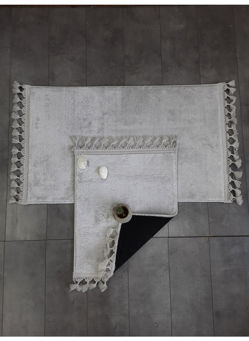 Bonny Home Elite Gray Pompom Fringed Plush 2-Piece Bath Mat Carpet Non-Slip Base Toilet Set Tasseled  - Image 1