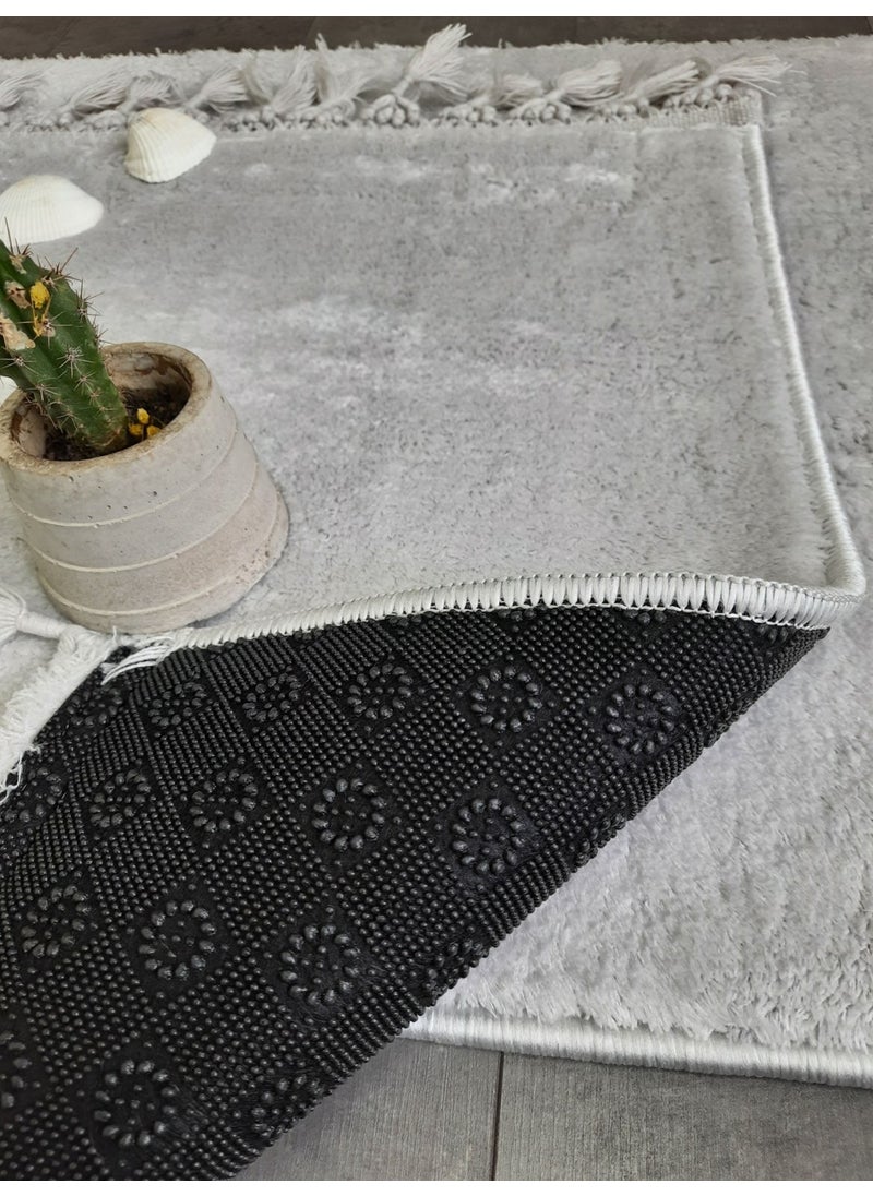 Bonny Home Elite Gray Pompom Fringed Plush 2-Piece Bath Mat Carpet Non-Slip Base Toilet Set Tasseled  - Image 3