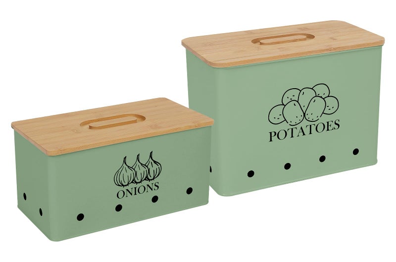 Xbopetda Potato Onion Storage Box Food Container Sets Storage Canisters for Vegeatables Set of 2 Jars Pots Containers Potato  Onion Bin with Aerating Tin Storage Holes  Wooden LidGreen