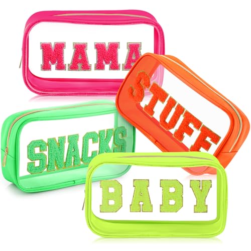 SilTriangle 4 Pcs Mama and Baby Toiletry Bag Clear Chenille Letter Pouch Diaper Bag Organizer Snacks Makeup Travel Pouches with Zipper for Beach Vacation Essentials Women GiftFluorescent Color - Image 1