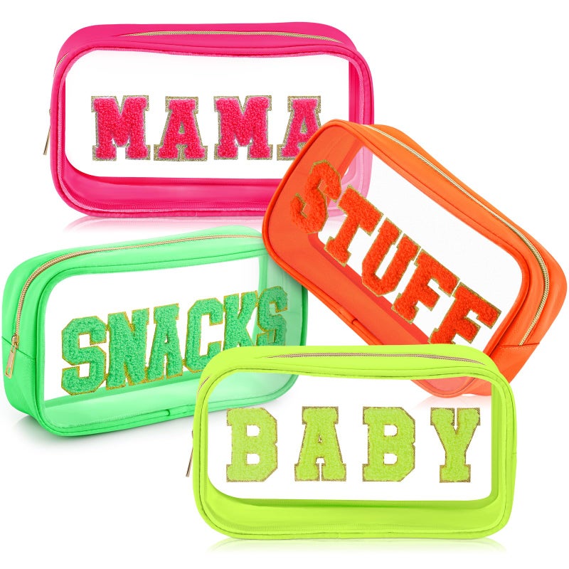 SilTriangle 4 Pcs Mama and Baby Toiletry Bag Clear Chenille Letter Pouch Diaper Bag Organizer Snacks Makeup Travel Pouches with Zipper for Beach Vacation Essentials Women GiftFluorescent Color - Image 2