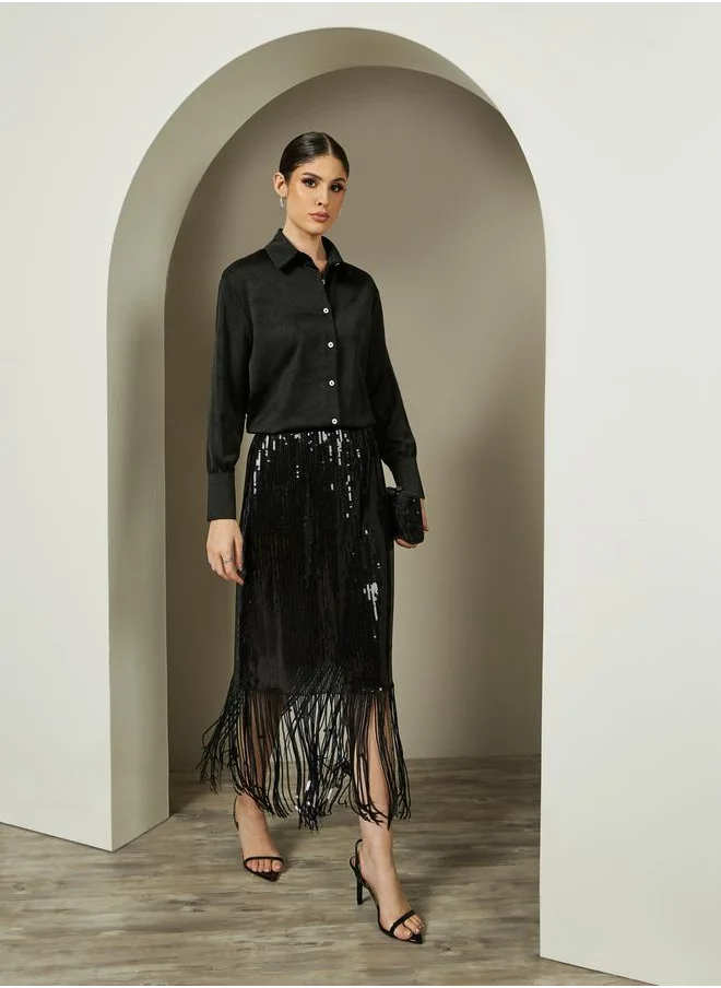 Styli Black Sequined A-Line Evening Midi Skirt