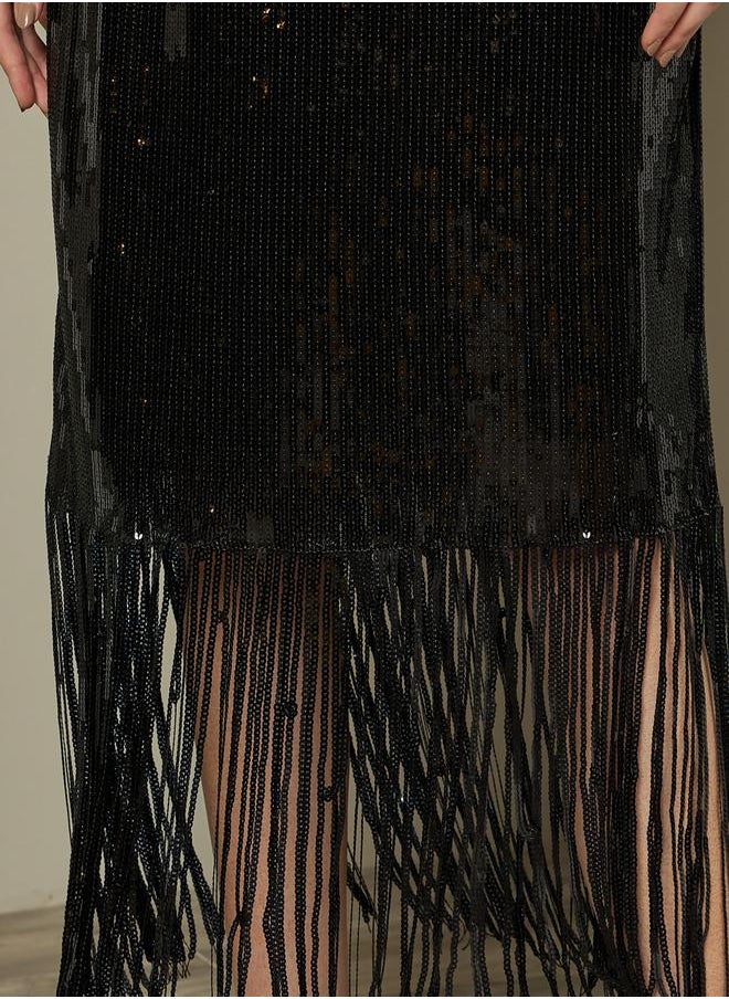 Styli Black Sequined A-Line Evening Midi Skirt  - Image 3