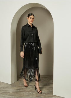 Styli Black Sequined A-Line Evening Midi Skirt  - Image 1