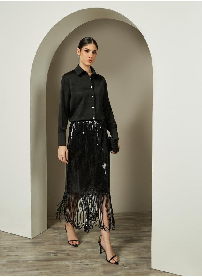 Styli Black Sequined A-Line Evening Midi Skirt  - Image 1