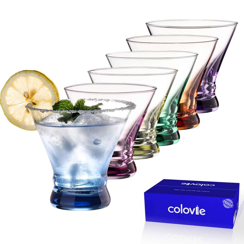ColoVie طقم كؤوس مارتيني ColoVie من 6 - كؤوس كوكتيل - 8 أونصات بدون ساق لمارجريتا، بار، كؤوس حلوى - زجاجات شرب كحول ملونة - كوزمو، مانهاتن، إسبريسو مارتيني - هدية حفلة كوكتيل لها - Image 1